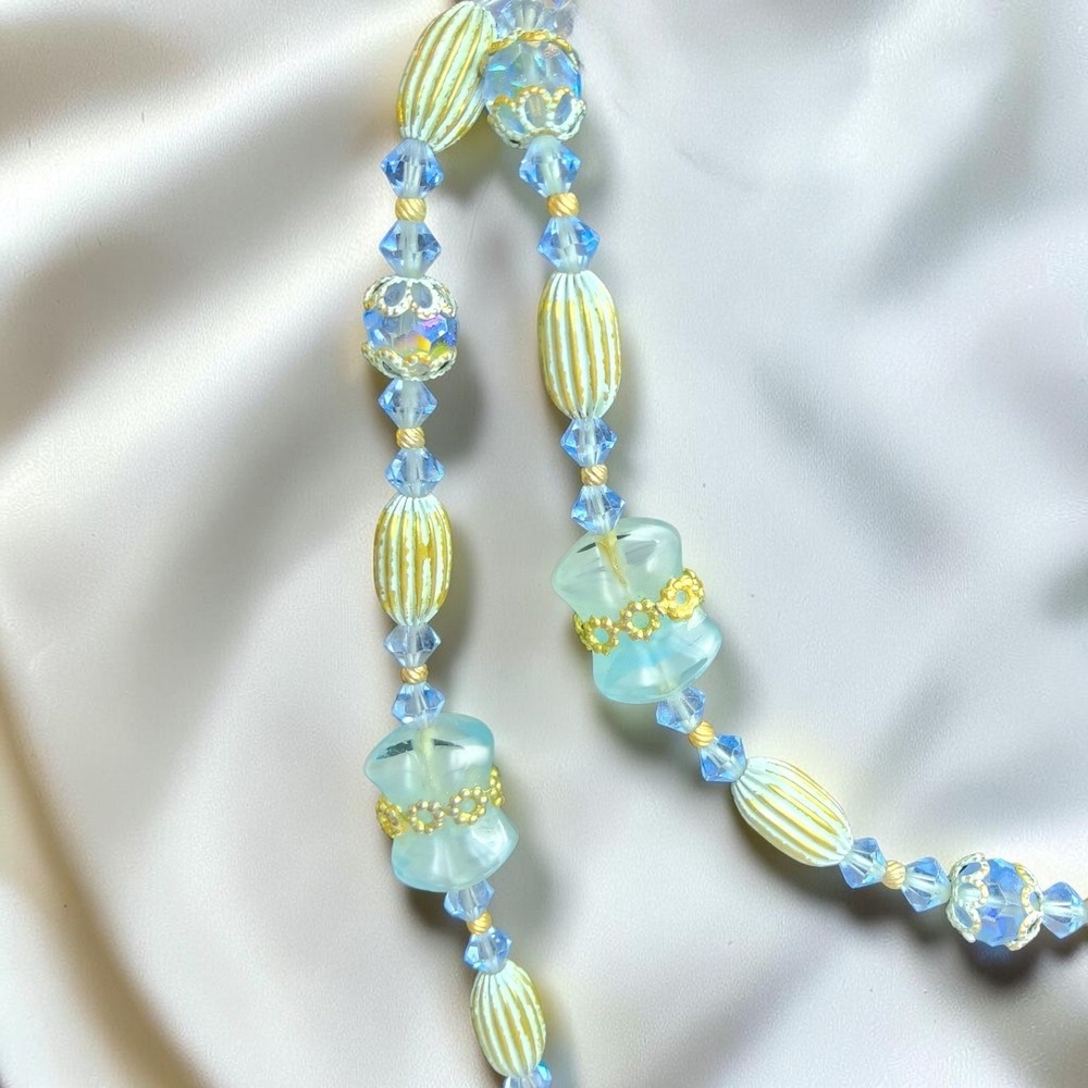 Vintage Mid Century Aqua Glass & Crystal 33" Necklace - Picture 5 of 11
